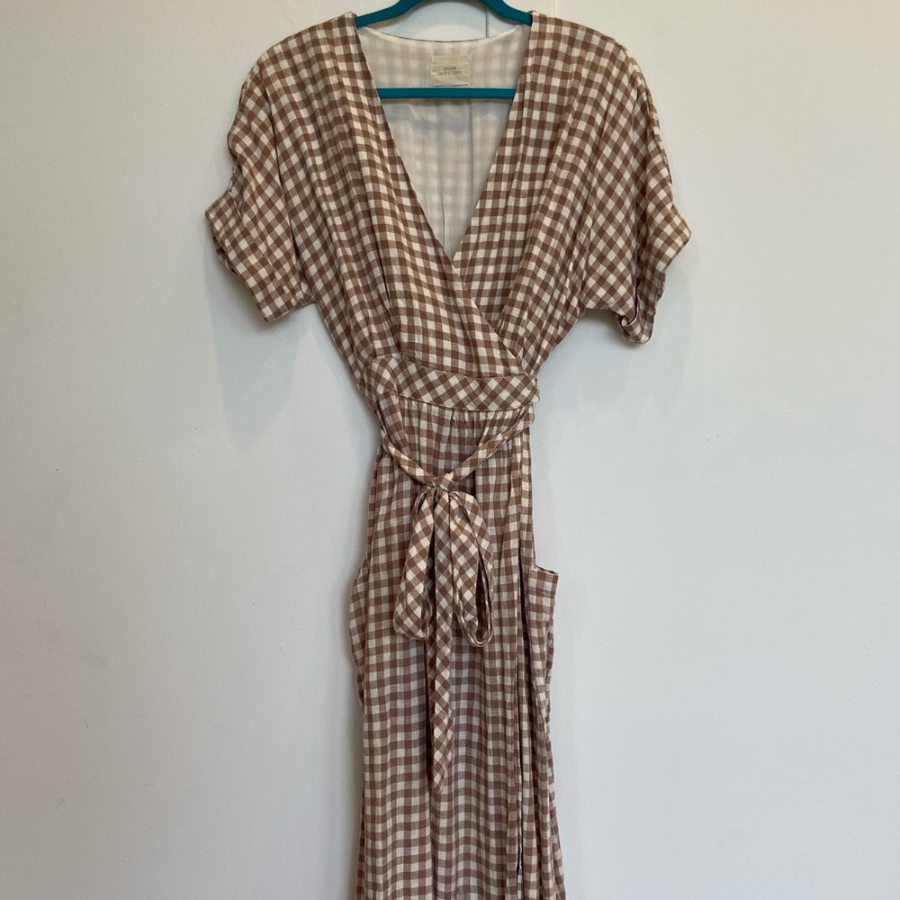 Urban Outfitters Brown/White check midi wrap dress
